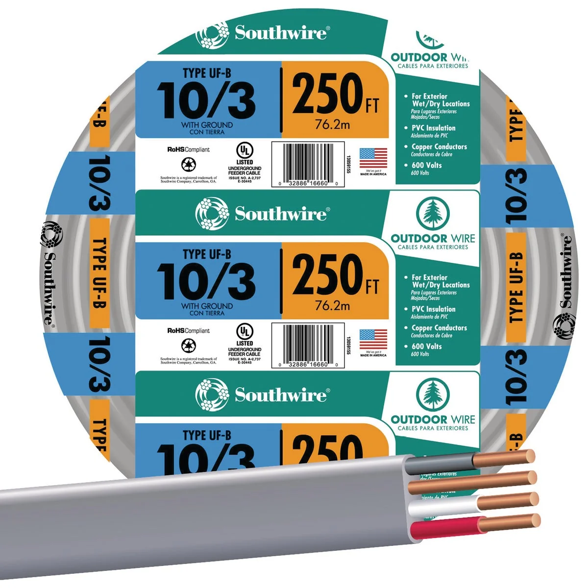 Powerful Southwire 250 Ft. 10 AWG 3-Conductor UFW G Electrical Wire Certified