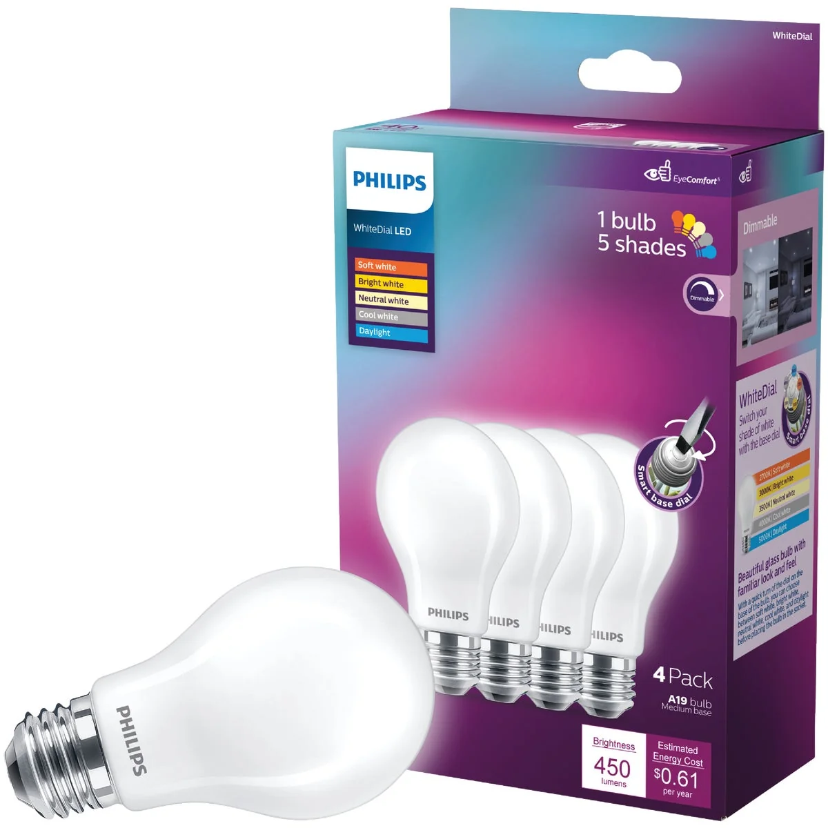 Excellent Philips WhiteDial 40W Equivalent Multi CCT A19 Medium LED Light Bulb 4-Pack Quality
