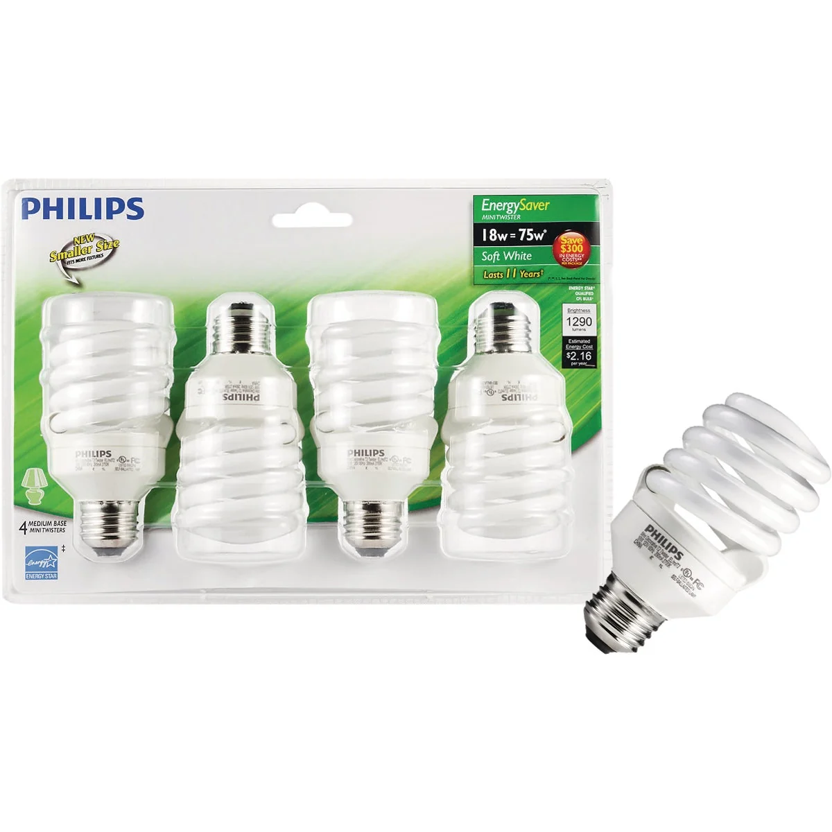 Original Design Philips Energy Saver 75W Equivalent Soft White Medium Base T2 Spiral CFL Light Bulb 4-Pack First-Class