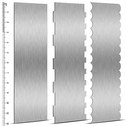 Refined 3 Pcs 12 Inch Cake Scraper Smoother Stainless Steel Cake Scraper Metal Large Double Sided Patterned Edge Decorating Comb Icing Smoother for Mousse Butter Cream Dessert Decoration 3 Count Healthy