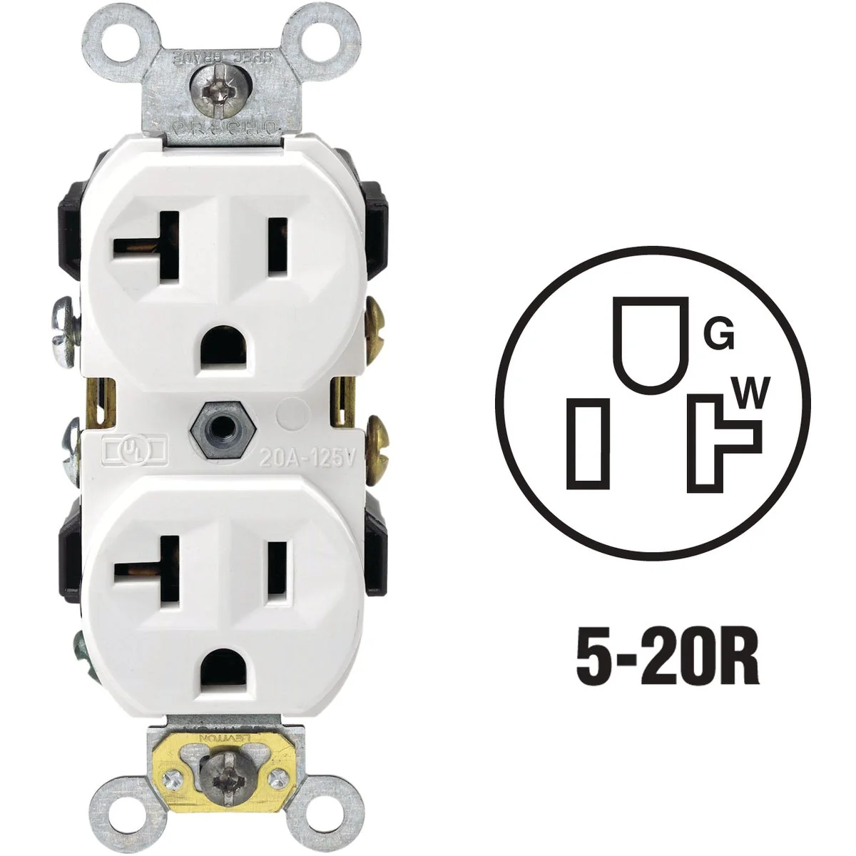 Specialty Leviton 20A White Heavy-Duty 5-20R Duplex Outlet Modern