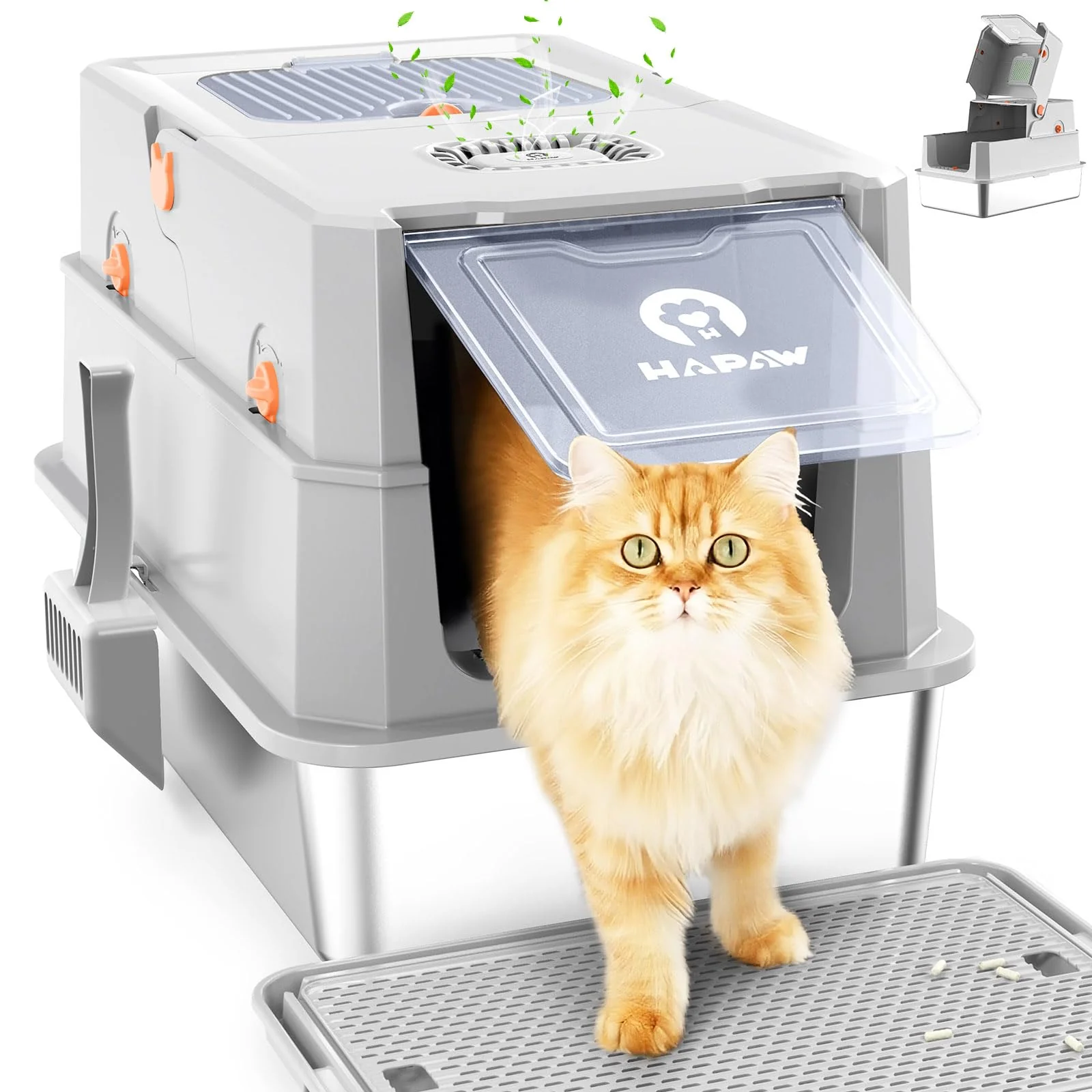 Official HAPAW Stainless Steel Litter Box with Lid – Anti-Leakage Front Top Dual Entry Consistent