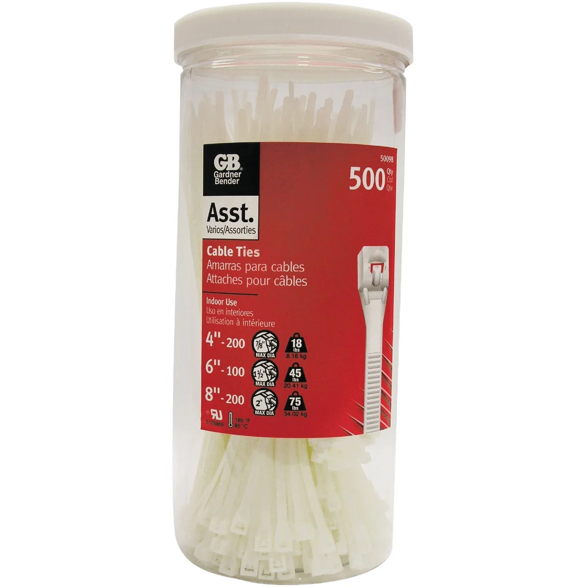 Genuine Gardner Bender Self-Locking Nylon Natural Cable Tie Assortment 500-Piece High-Quality