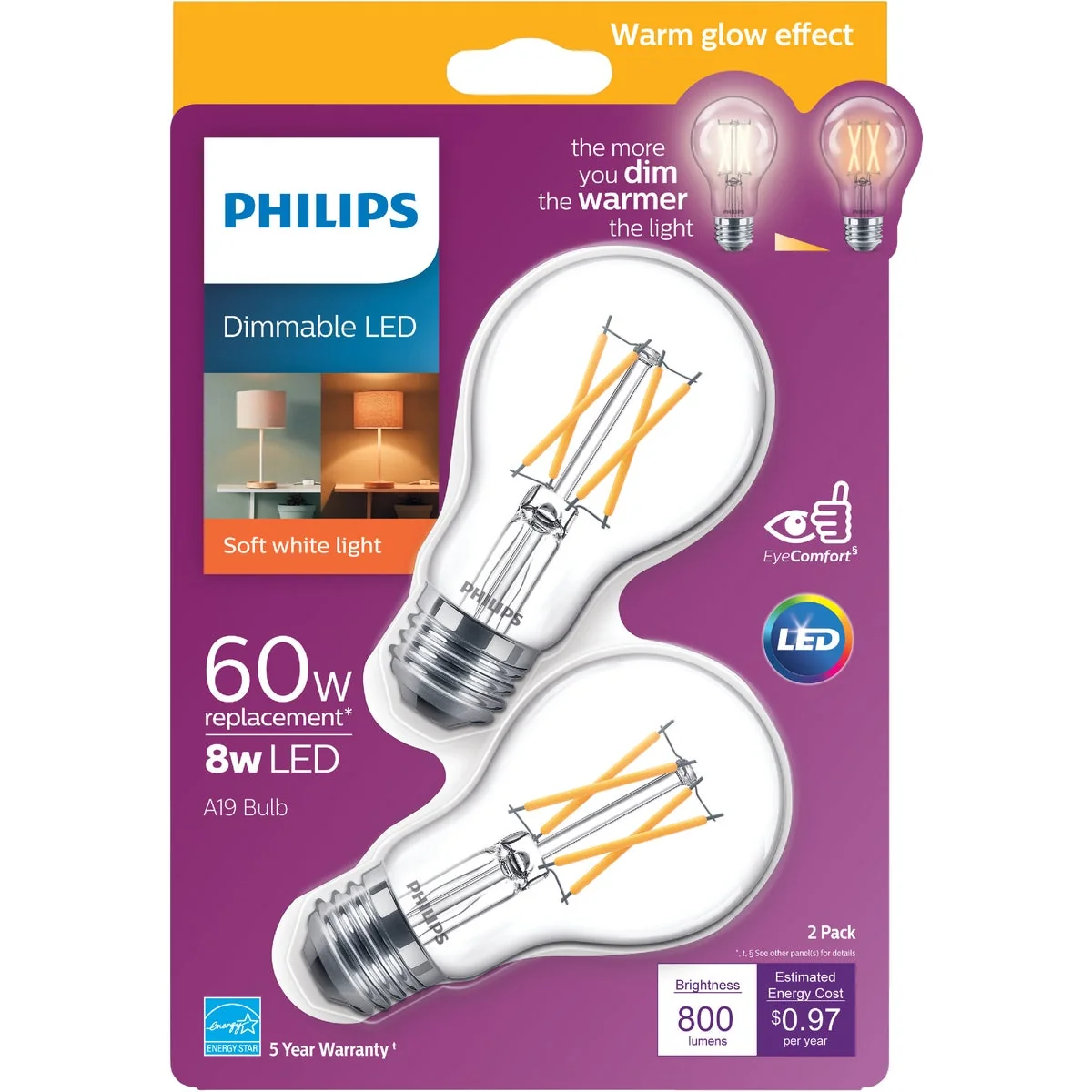 Expertly Made Philips Warm Glow 60W Equivalent Soft White A19 Medium Dimmable LED Light Bulb 2-Pack Detailed