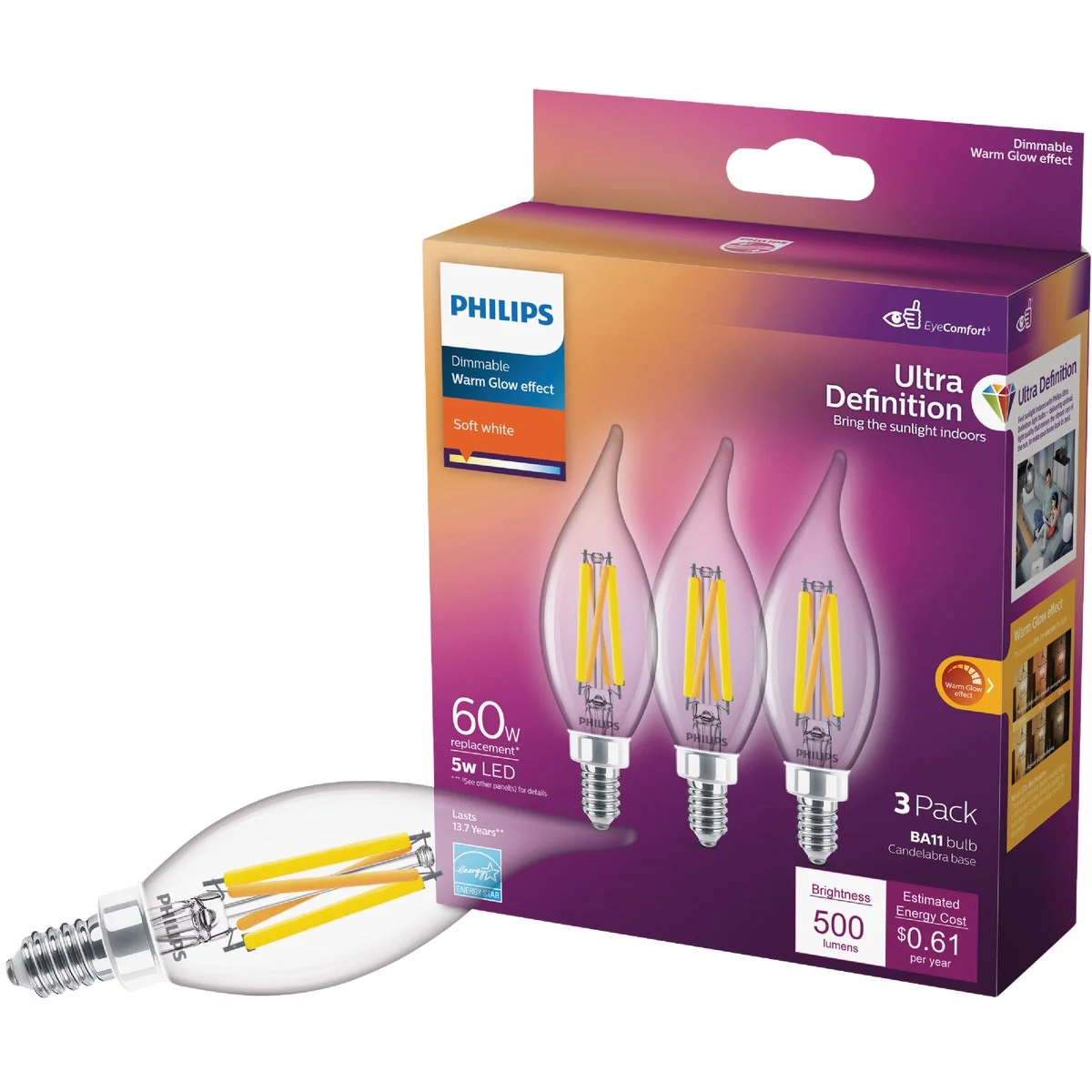 Proven Philips Ultra Definition 60W Equivalent Soft White BA11 Candelabra LED Decorative Light Bulb 3-Pack Long-Lasting