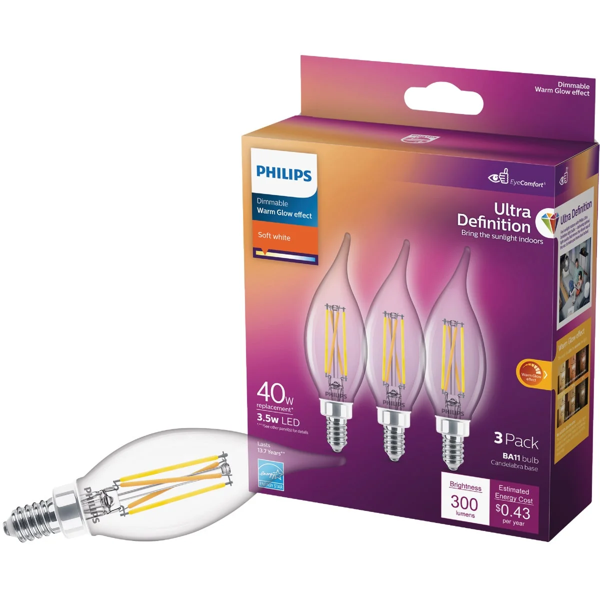 High-Quality Philips Ultra Definition 40W Equivalent Soft White BA11 Candelabra LED Decorative Light Bulb 3-Pack Proven