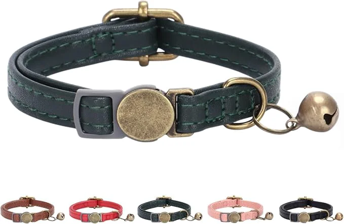 Reusable THAIN Leather Cat Collar with Bell Breakaway- Adjustable Retro Bell fit Most Carefully Designed