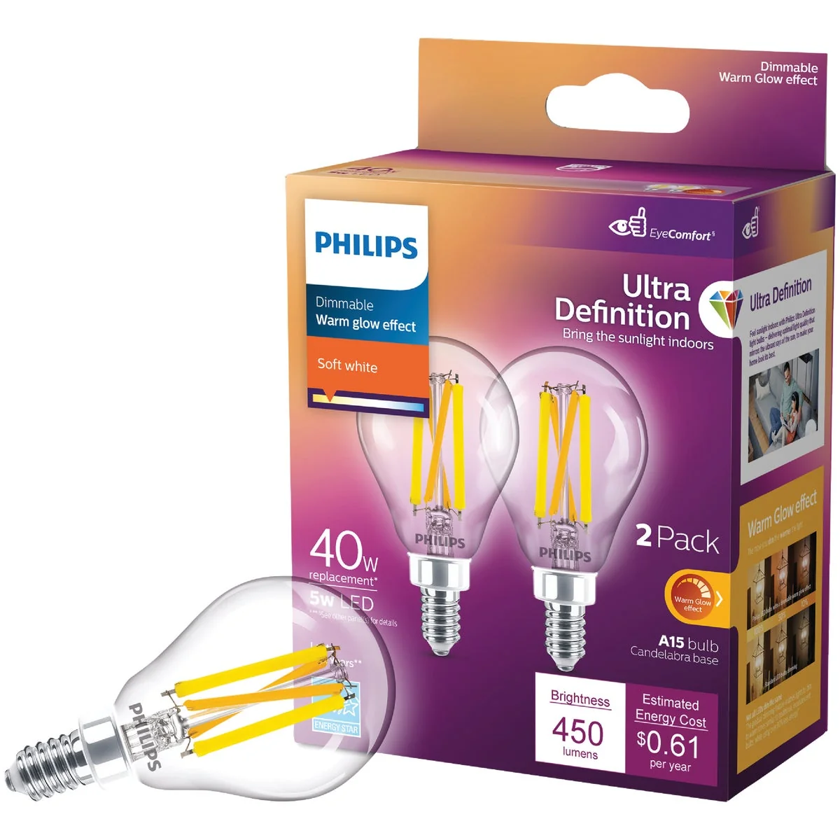 Prestigious Philips Ultra Definition Warm Glow 40W Equivalent Soft White A15 Candelabra LED Light Bulb 2-Pack Sophisticated