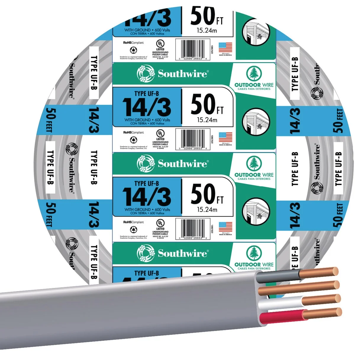 Elite Southwire 50 Ft. 14 AWG 3-Conductor UFW G Electrical Wire User-Friendly
