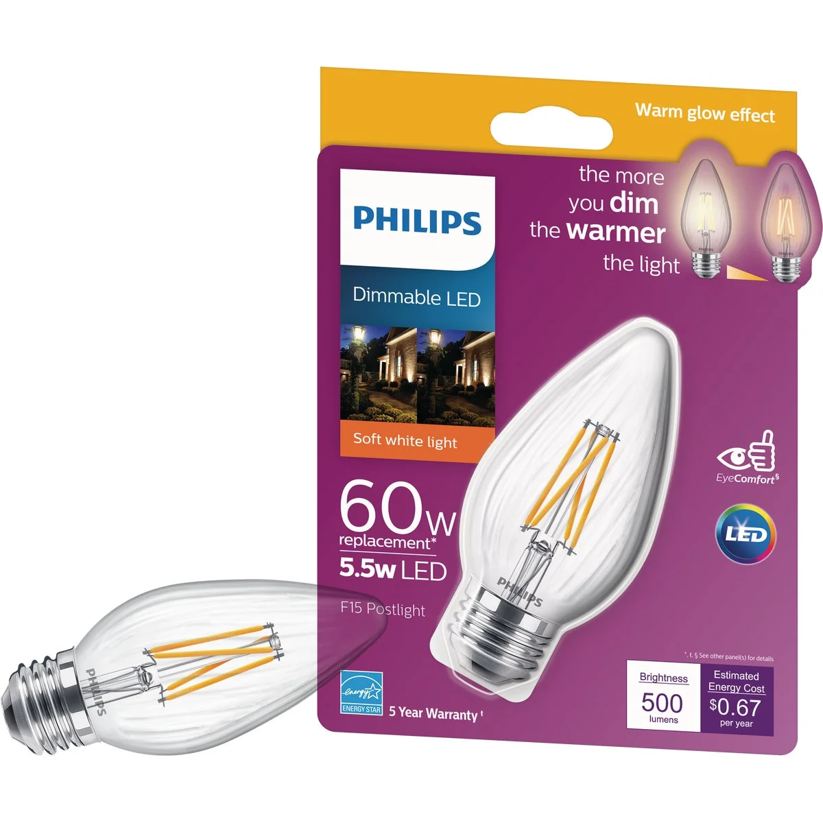 Selected Philips Warm Glow 60W Equivalent Soft White F15 Medium Dimmable Post LED Decorative Light Bulb Functional