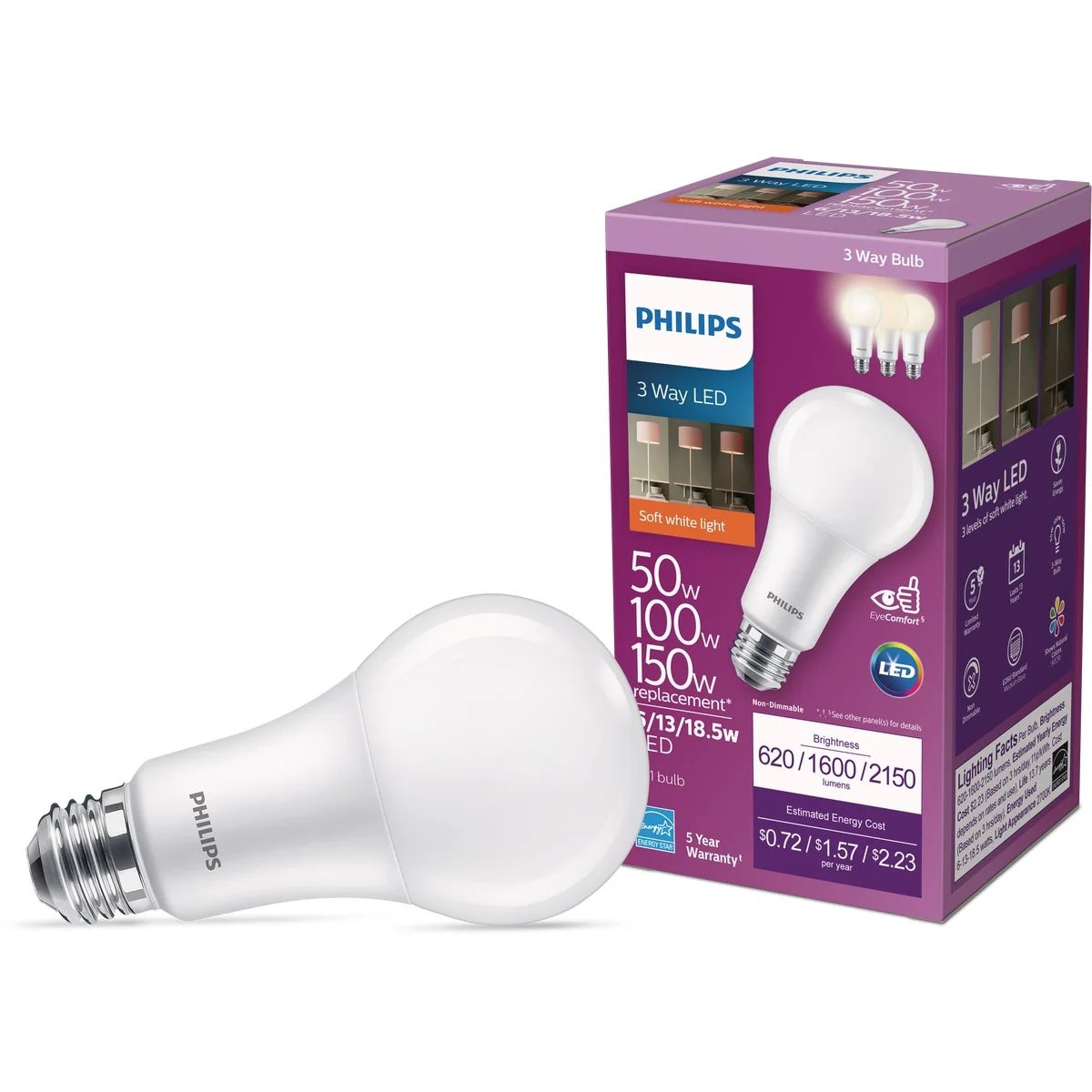 Safe Philips 50 100 150W Equivalent Soft White A21 Medium 3-Way LED Light Bulb Traditional