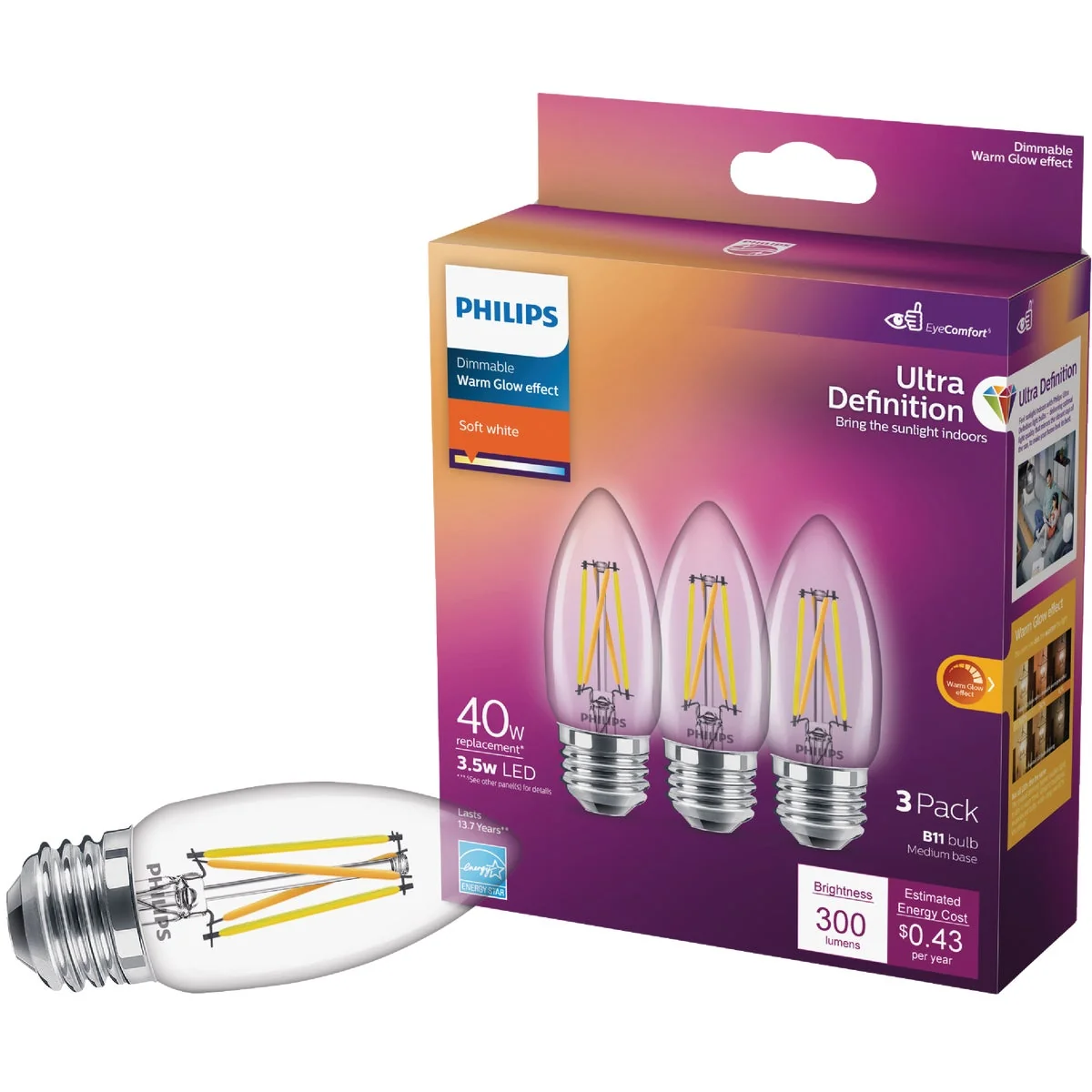 Original Philips Ultra Definition 40W Equivalent Soft White B11 Medium LED Decorative Light Bulb 3-Pack Original Design