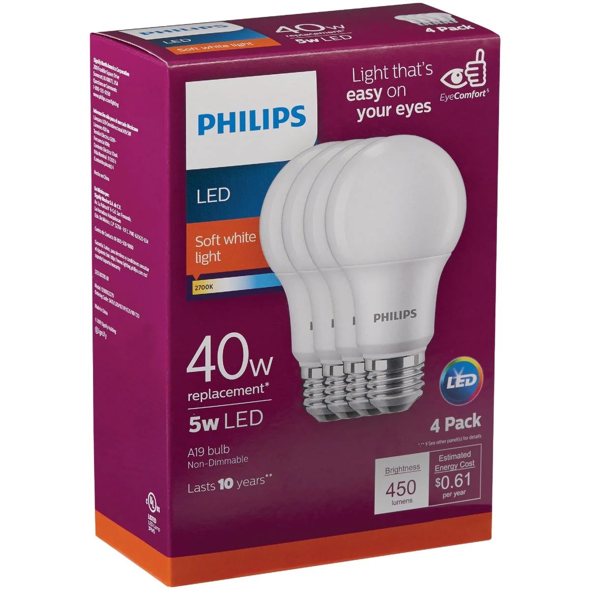 High-Performance Philips 40W Equivalent Soft White A19 Medium LED Light Bulb 4-Pack Quality