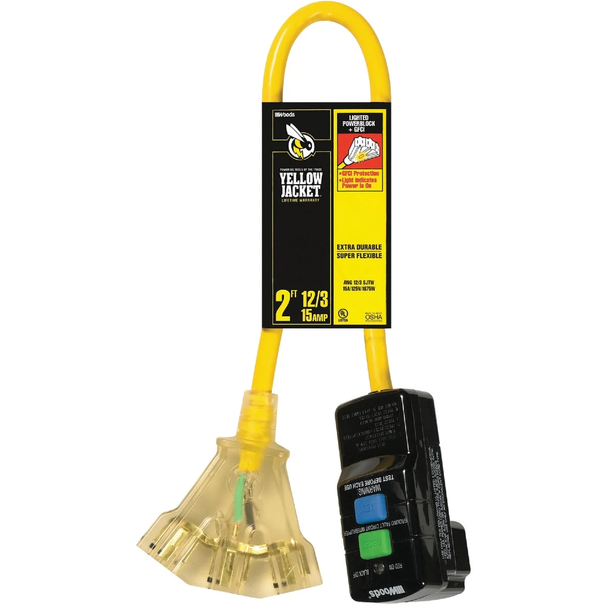 Professional Yellow Jacket 2 Ft. 12 3 GFI Extension Cord with Powerblock Quality