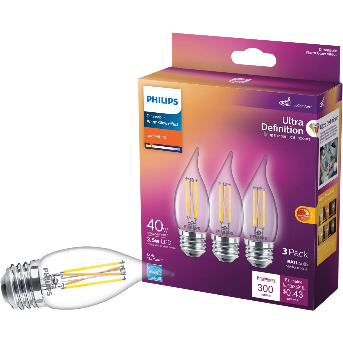 High-Grade Philips Ultra Definition 40W Equivalent Soft White BA11 Medium LED Decorative Light Bulb 3-Pack Casual