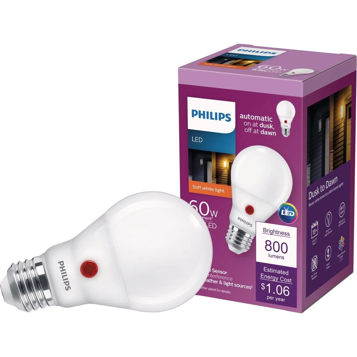 Convenient Philips 60W Equivalent Soft White A19 Medium Dusk to Dawn LED Light Bulb Fashionable
