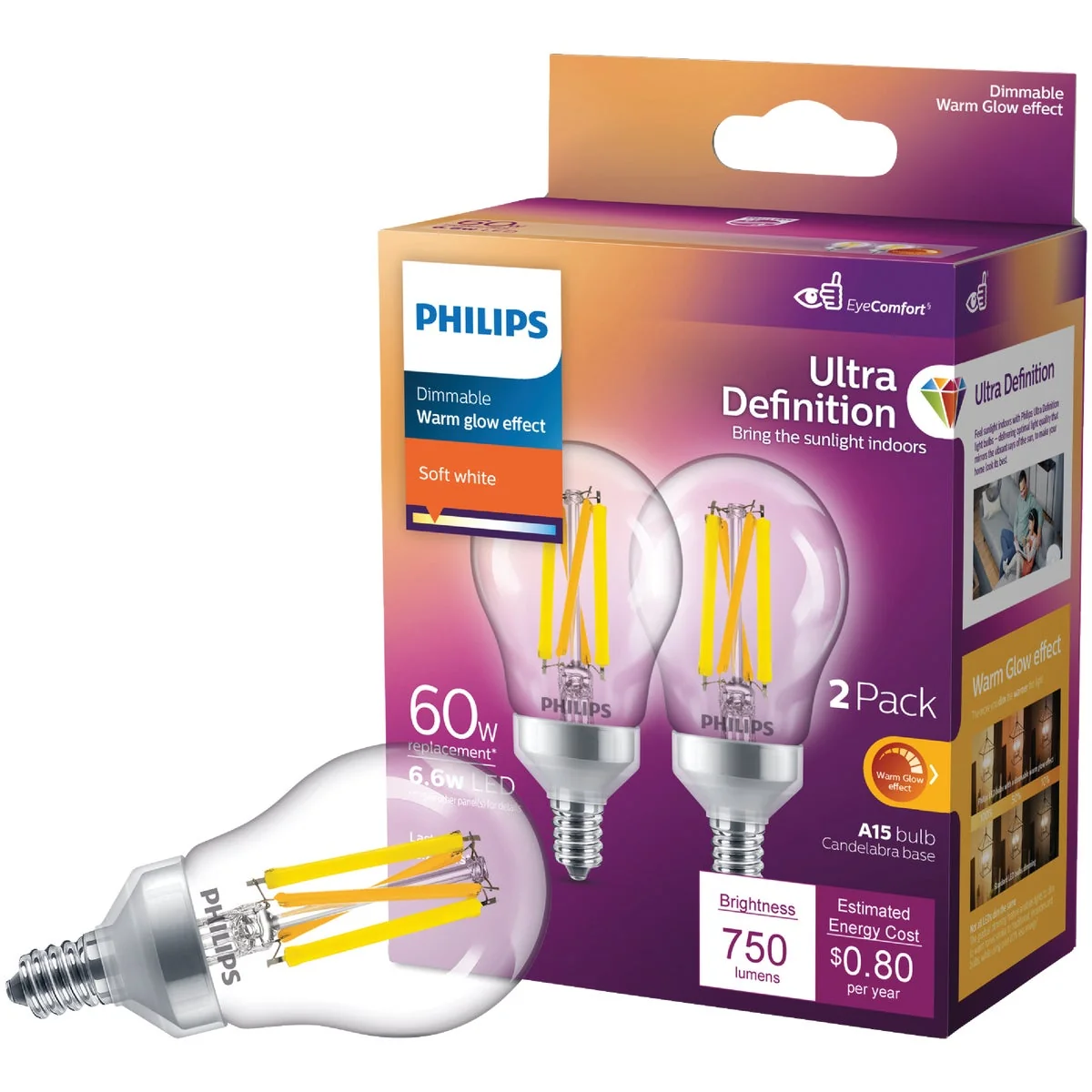 Original Philips Ultra Definition Warm Glow 60W Equivalent Soft White A15 Candelabra LED Light Bulb 2-Pack Green