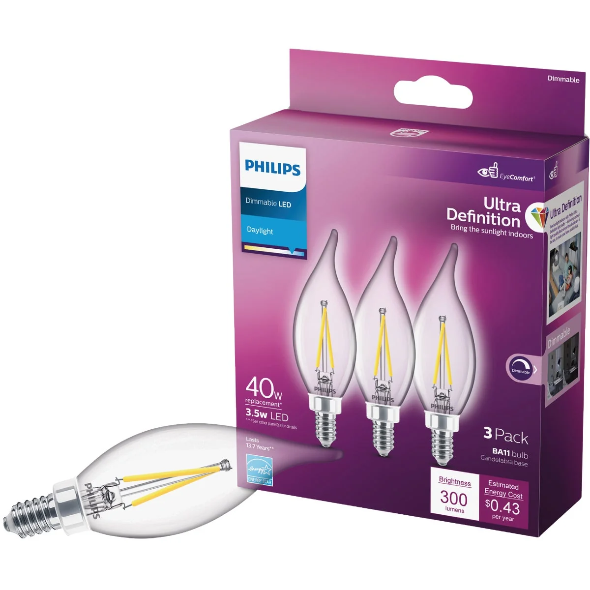 Natural Philips Ultra Definition 40W Equivalent Daylight BA11 Candelabra LED Decorative Light Bulb 3-Pack User-Friendly