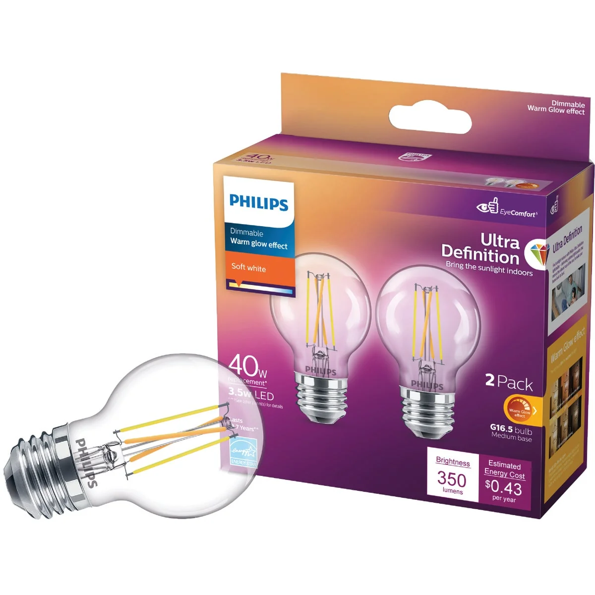 Prestigious Philips Ultra Definition 40W Equivalent Soft White G16.5 Medium LED Decorative Light Bulb 2-Pack Fine Crafted