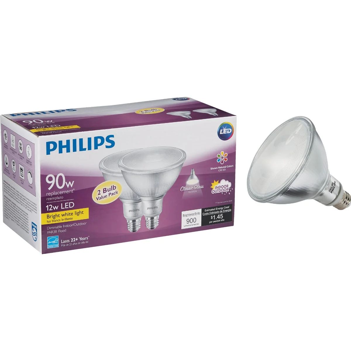 Professional Philips 90W Equivalent Bright White PAR38 Medium Indoor Outdoor LED Floodlight Light Bulb 2-Pack Functional