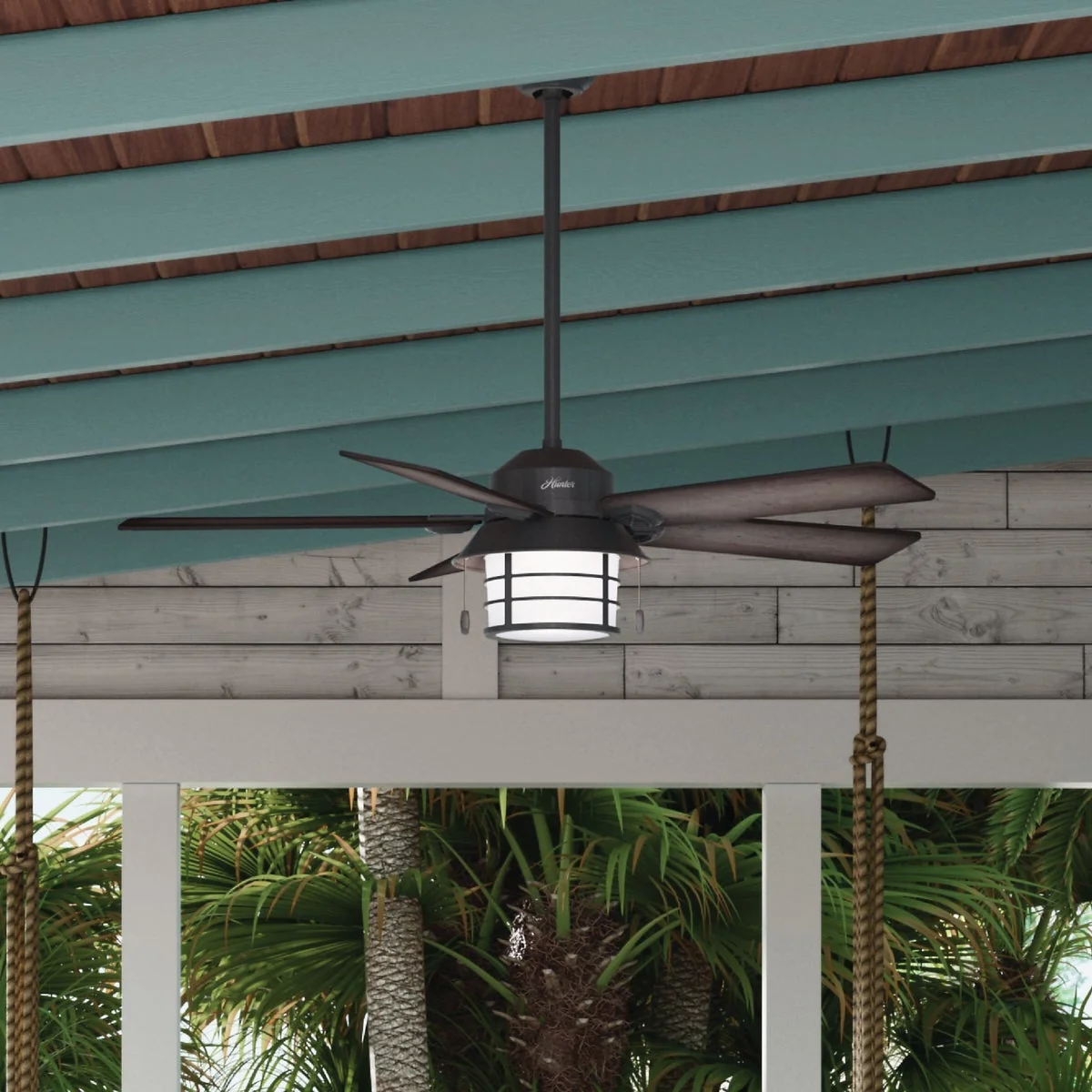 Minimalist Hunter Key Biscayne 54 In. Weathered Zinc Outdoor Damp Rated Ceiling Fan with Light Kit Natural