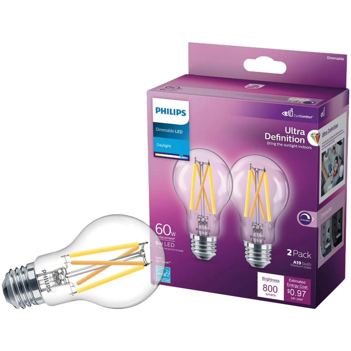 Soft Philips Ultra Definition 60W Equivalent Daylight A19 Medium LED Light Bulb Clear 2-Pack Carefully Designed