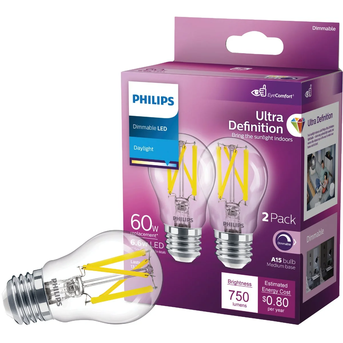 Soft Philips Ultra Definition 60W Equivalent Daylight A15 Medium Dimmable LED Light Bulb 2-Pack Excellent