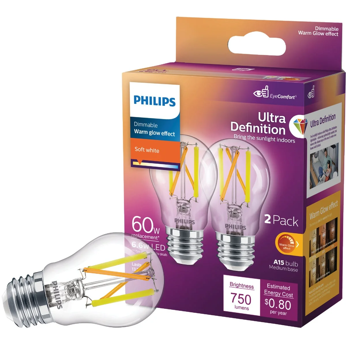 Premium Material Philips Ultra Definition Warm Glow 60W Equivalent Soft White A15 Medium LED Light Bulb 2-Pack Recyclable
