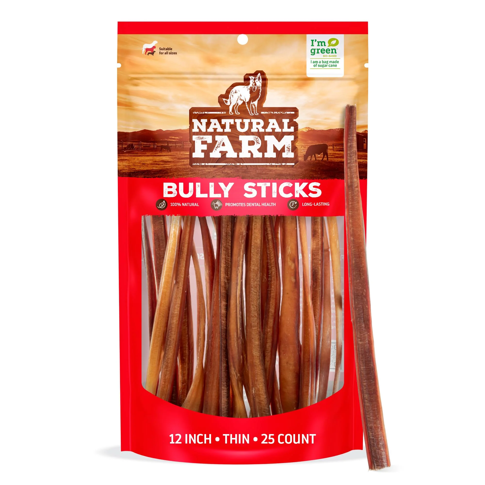 Convenient Natural Farm Odor- Thin Bully Sticks 12-inch – 25-Pack for Large Dogs Luxury