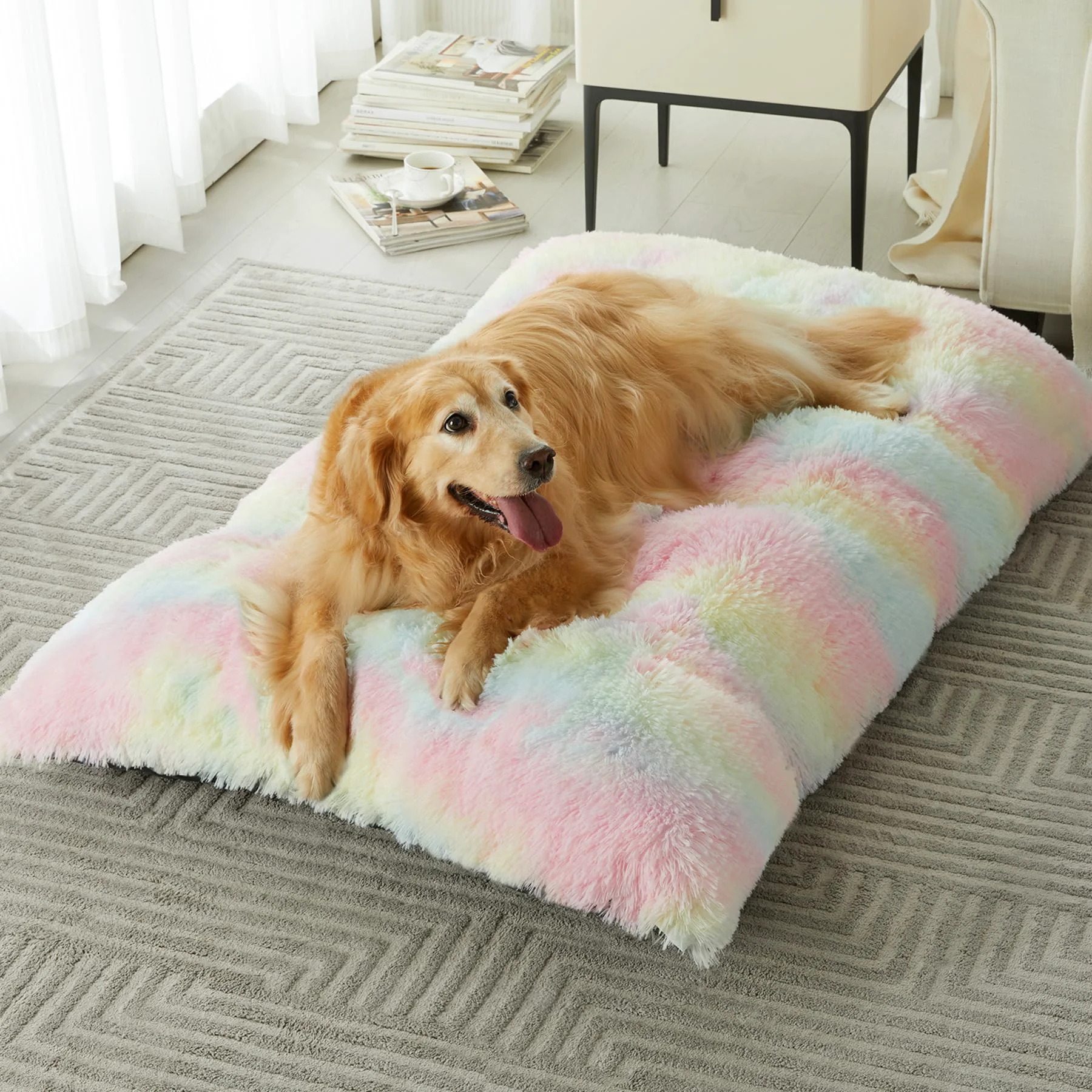 Relaxed BFPETHOME Large Dog Bed — Plush Rainbow Crate Mat Anti-Slip Washable Easy-to-Use
