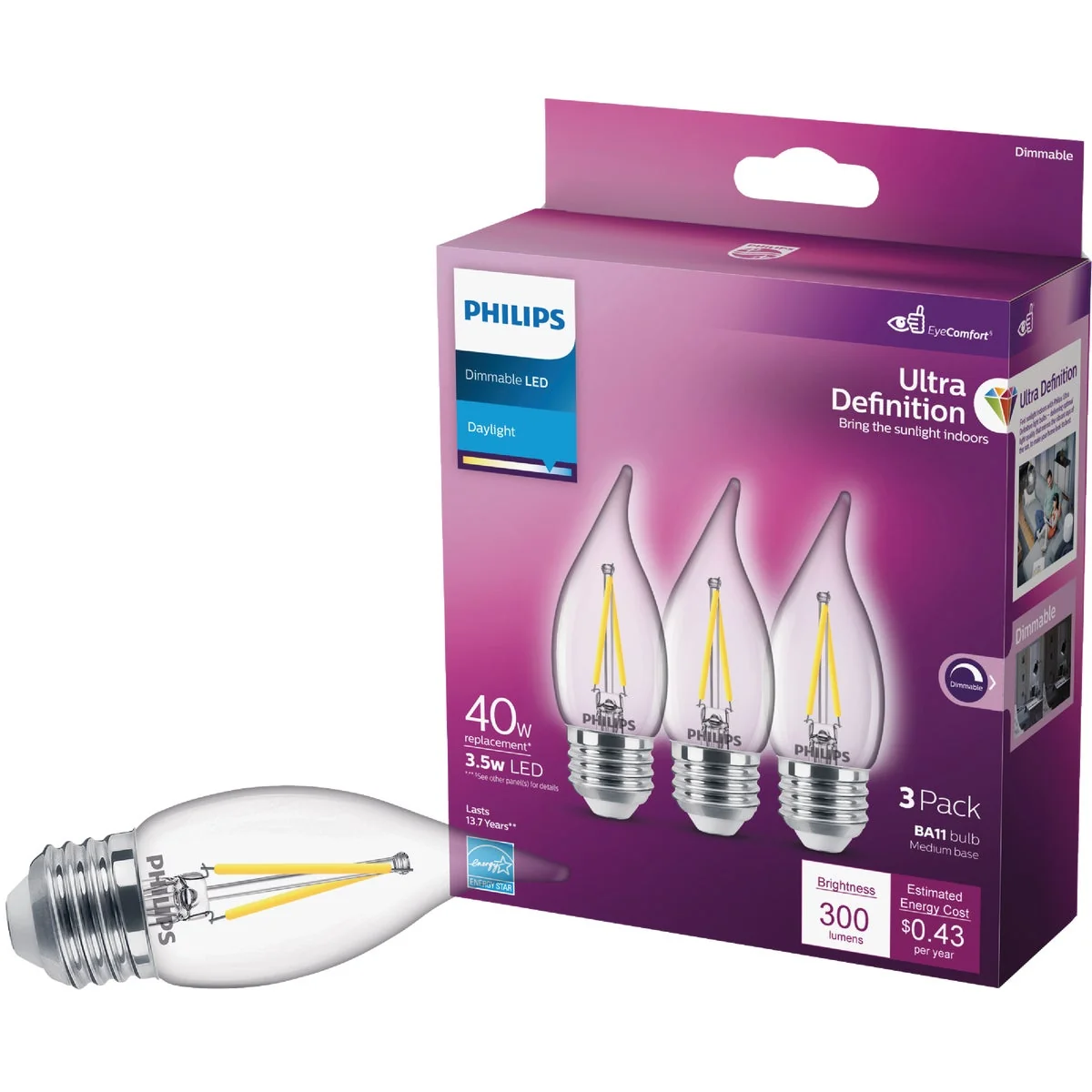 Practical Philips Ultra Definition 40W Equivalent Daylight BA11 Medium LED Decorative Light Bulb 3-Pack Fast