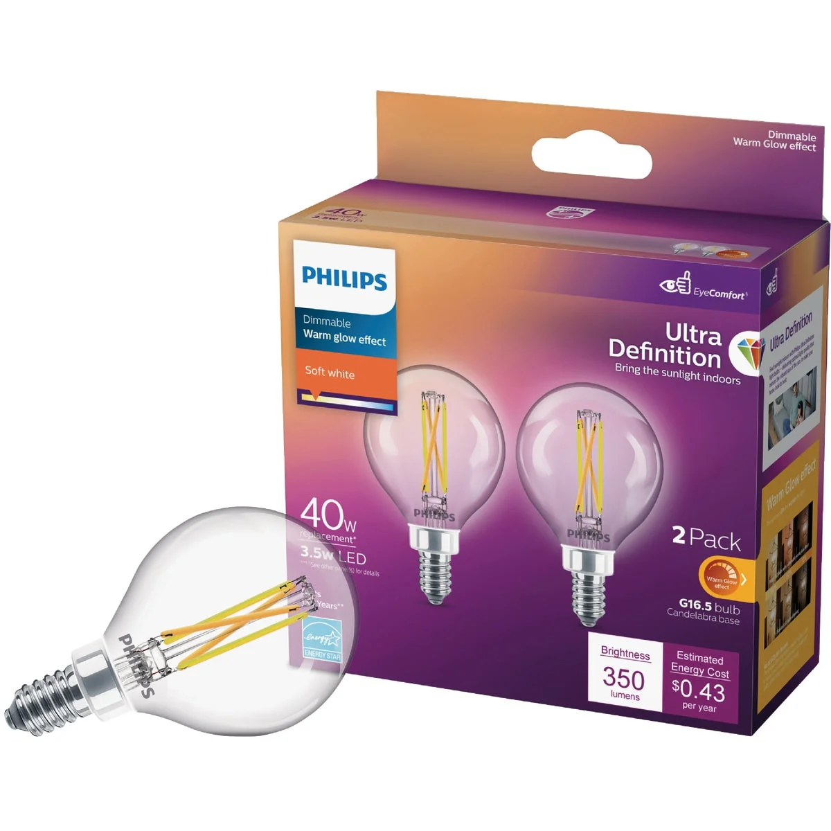 Quality Philips Ultra Definition 40W Equivalent Soft White G16.5 Candelabra LED Decorative Light Bulb 2-Pack Dependable