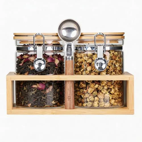 User-Friendly KKC Glass Tea Canister with Bamboo Lids Spoon Green