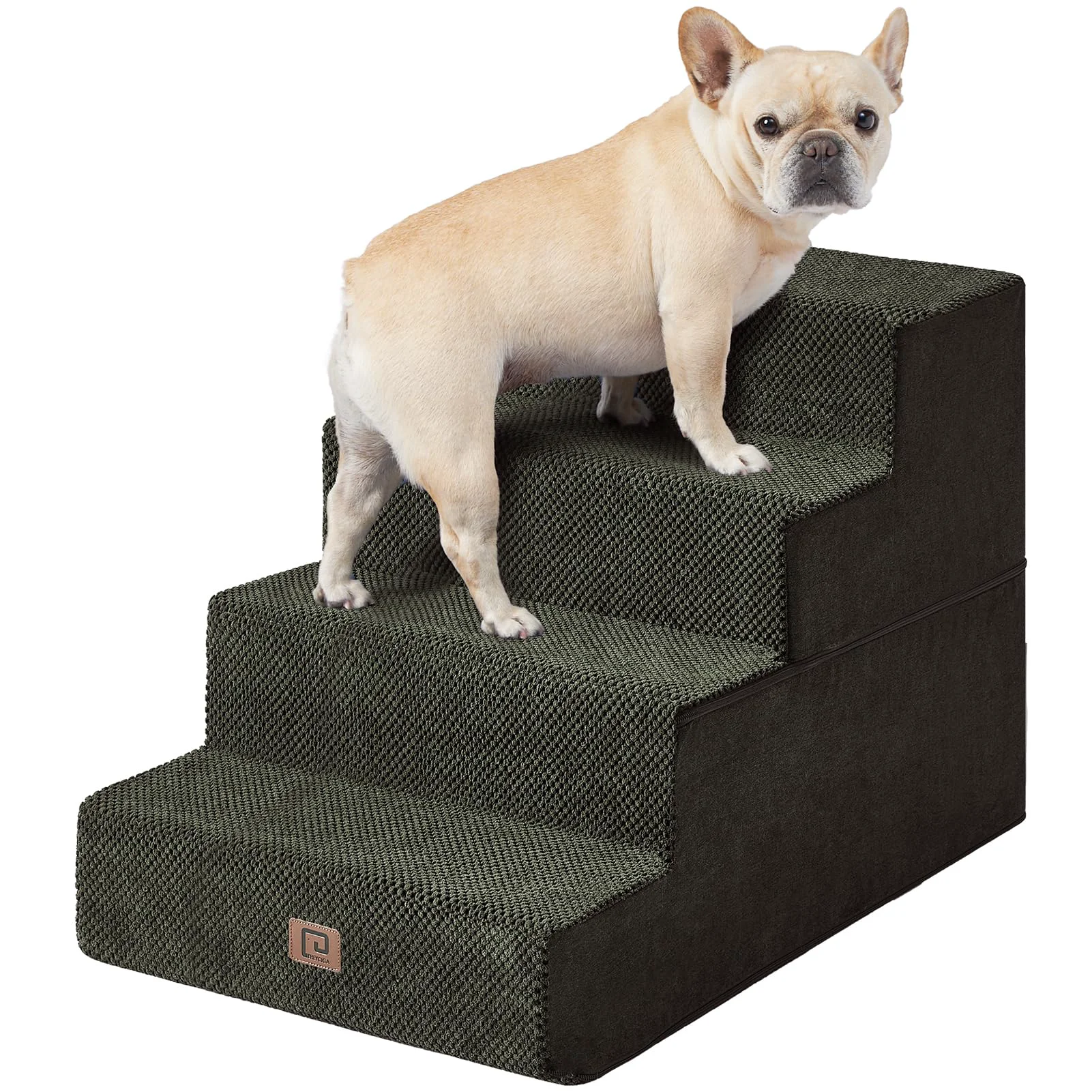 Proven EHEYCIGA 4-Step Dog Stairs for Bed - 20-inch High Extra Wide Non-Slip Military Green Secure