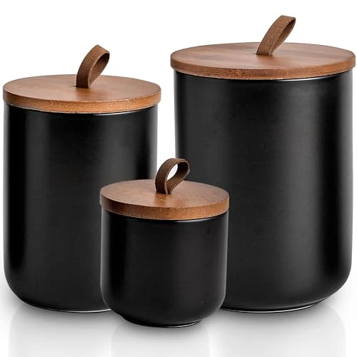 Secure Black Ceramic Canister Set with Bamboo Lids Functional