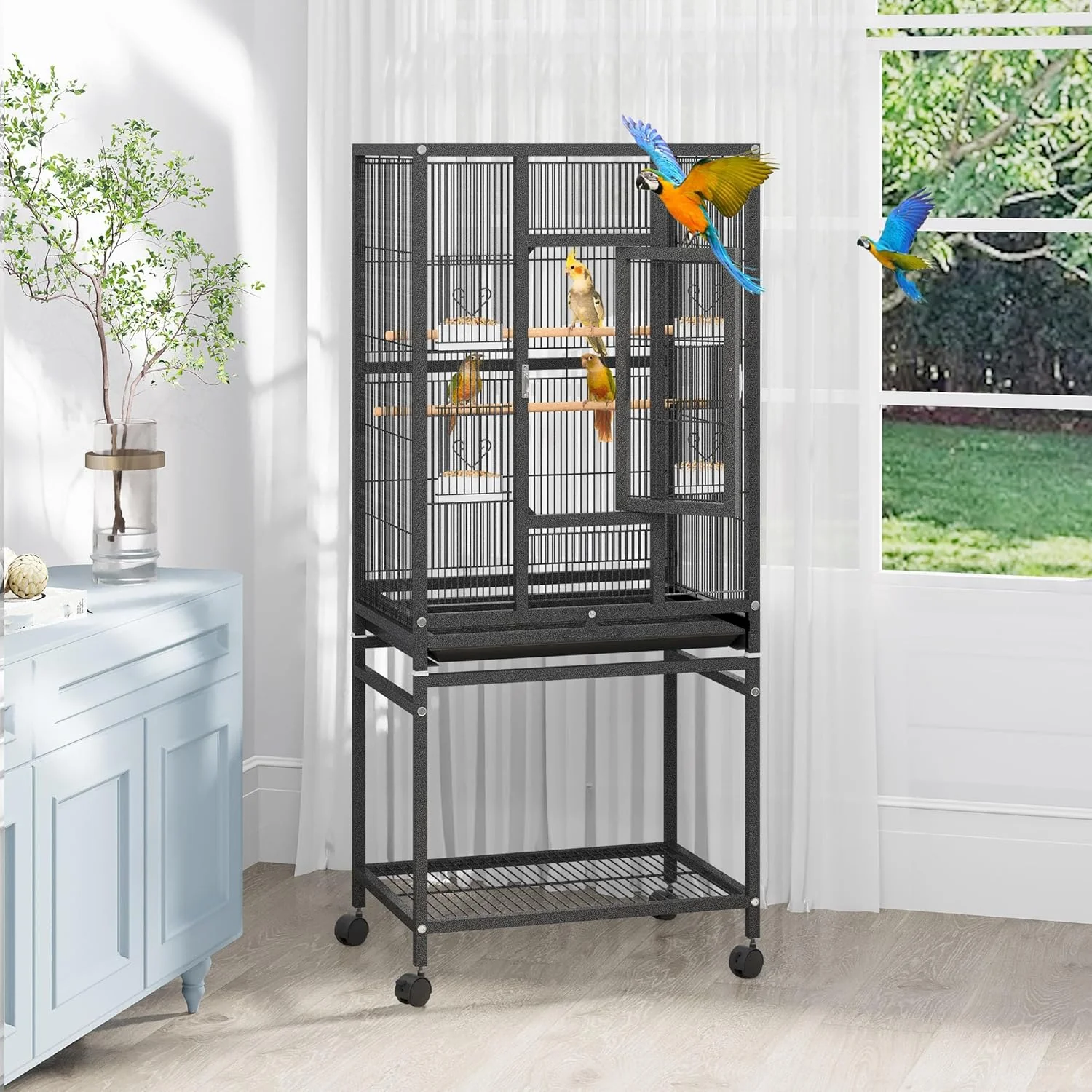 Original Design YITAHOME 53.9 inches Metal Bird Cage for Parakeets Large Parrot Cages with Seed Catcher Birdcage Cover with Rolling Stand Brakes for Lovebirds Cockatiels Pigeon Finches Black Trendy
