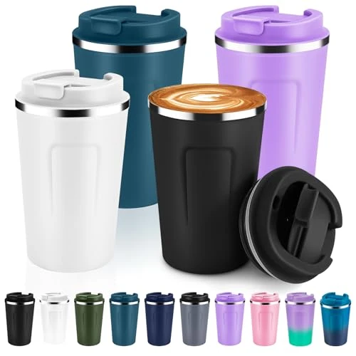 Durable 12 oz Double Wall Insulated Vacuum Travel Coffee Mug with Flip Lid Bulk 4 Pack 4 Count Fast