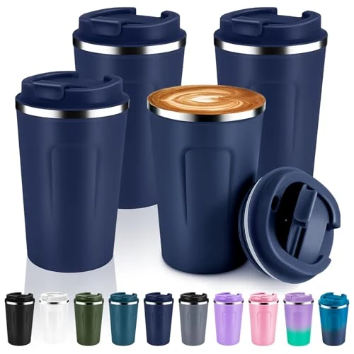 Powerful 12 oz Double Wall Insulated Vacuum Travel Coffee Mug with Flip Lid Bulk 4 Pack 4 Count Authentic