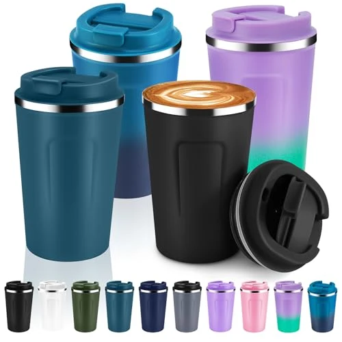 Relaxed 12 oz Double Wall Insulated Vacuum Travel Coffee Mug with Flip Lid Bulk 4 Pack 4 Count Expertly Made