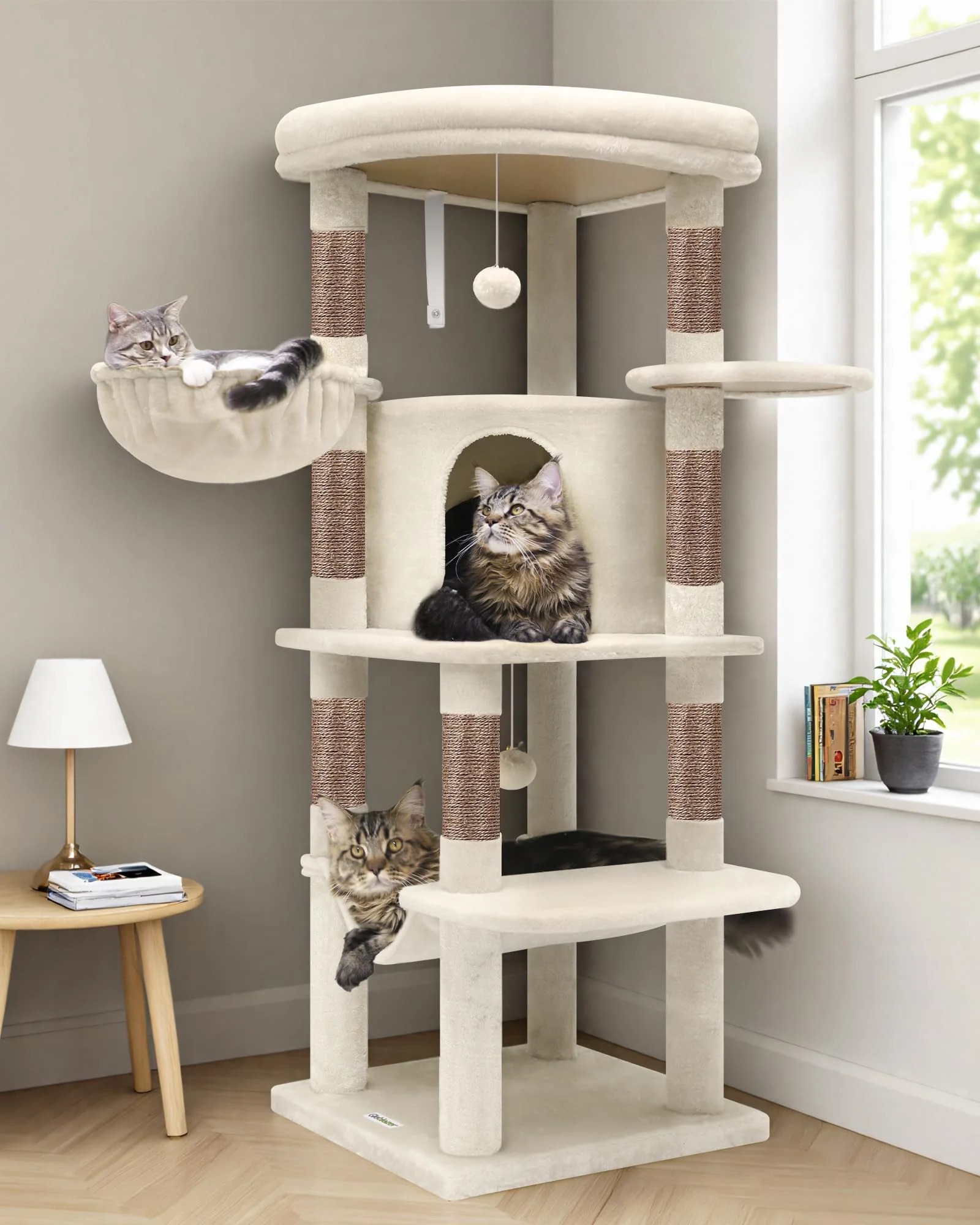 Next-Generation Globlazer Corner Cat Tree Tower 51in Plush Multi-Level with Scratching Posts Light Beige Advanced