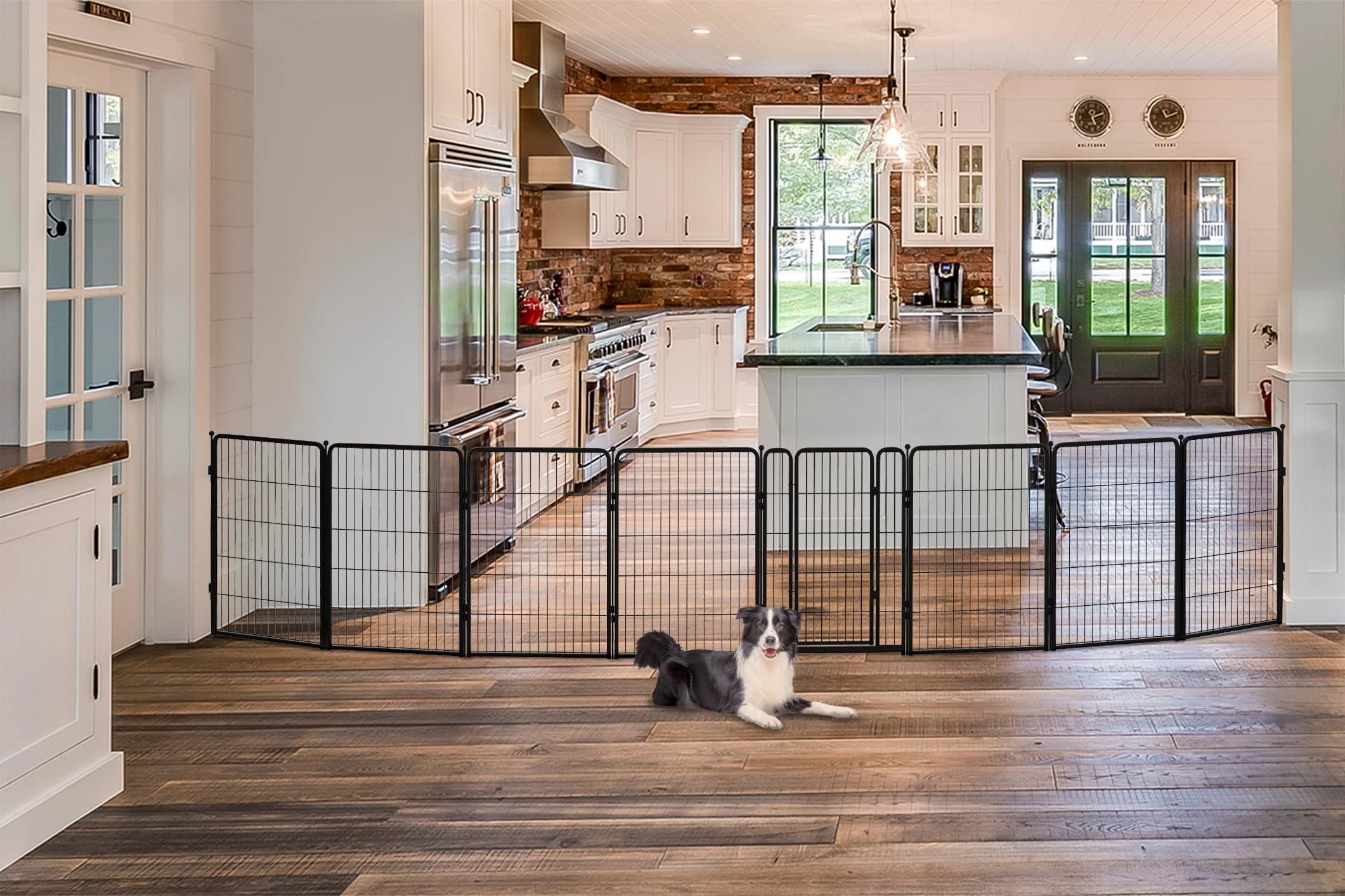 Detailed FXW Dog Gate Extra Wide Indoor Safety Gate — Adjustable to 219 inches 40 H 8 Panels Black Lightweight