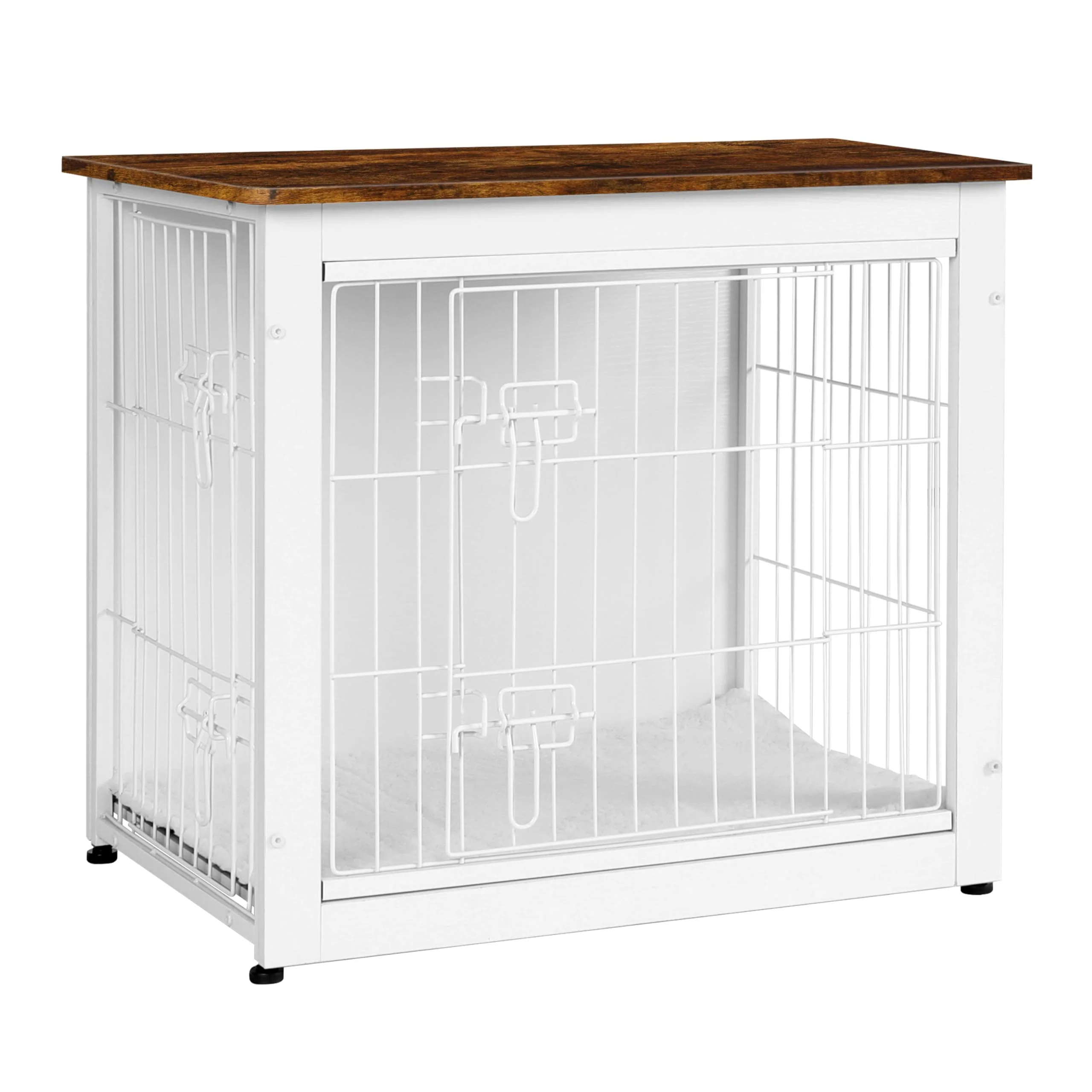 Secure DWANTON Dog Crate Furniture with Cushion — Wooden Kennel Table with Double Doors 27.2 in L White Rustic Brown Eco-Friendly