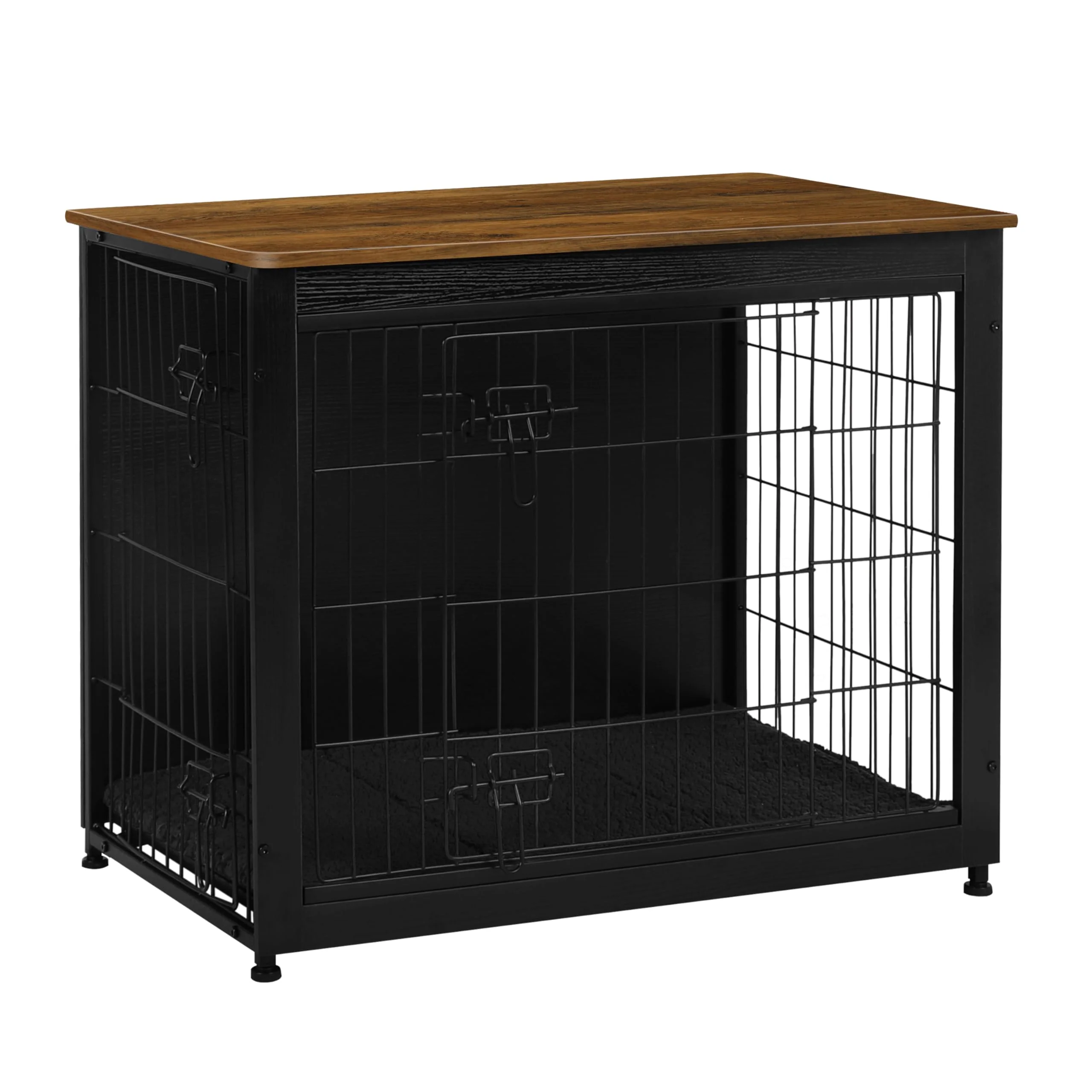 Next-Generation DWANTON Dog Crate Furniture with Cushion — 32.5-inch Wooden Kennel Table with Double Doors Medium Black Warm Brown Safe