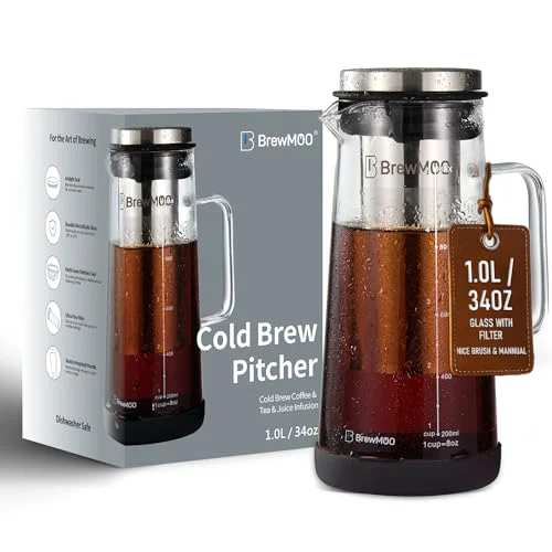 Traditional Sleek 1.0L 34oz Glass Cold Brew Coffee Maker Pitcher High-Performance