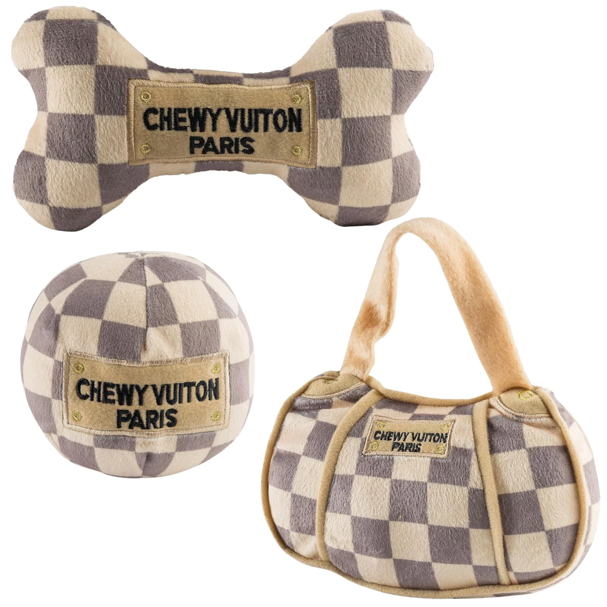 Innovative Haute Diggity Dog Checker Chewy Vuiton 3-Pack Plush Toy Set – Squeaky Designer-Inspired Dog Toys Natural