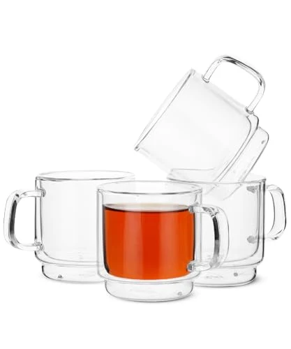 High-Grade BTaT Double Walled Stackable Glass Coffee Mugs 4 Count Enhanced