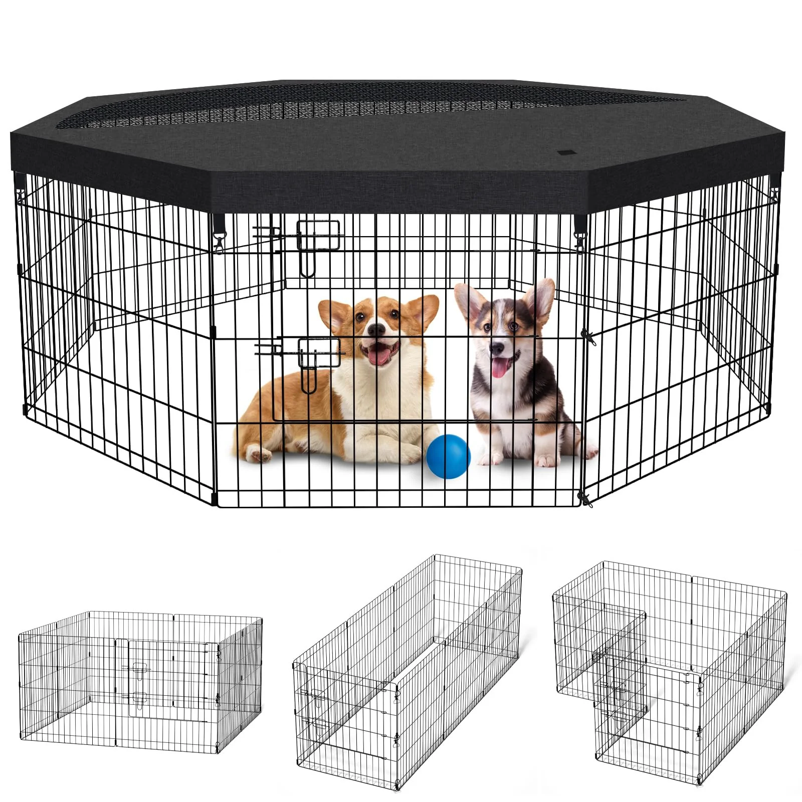 Premium Material Peekaboo Dog Pen Playpen - 8-Panel Foldable 24-Inch Indoor Outdoor Pet Fence with Bottom Pad Top Cover Black Excellent