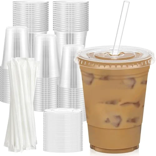 High-Quality 100 Pack 16 oz Clear Plastic Cups with Lids and Straws 100 Count Innovative