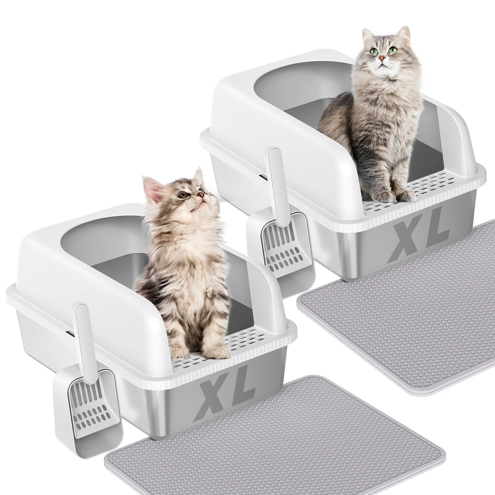 Natural Prodigen Extra Large Stainless Steel Cat Litter Box with Lid – High Walls Anti-Leakage Easy Clean 2 Pack Fine