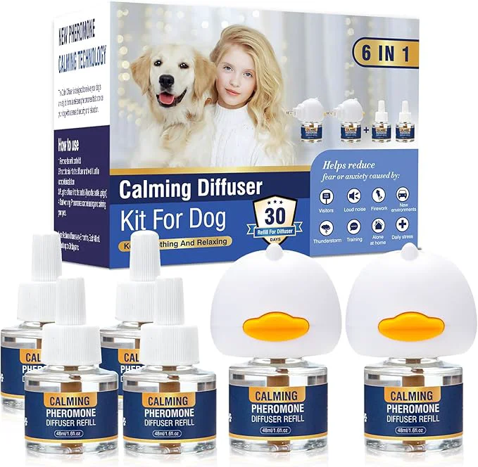 Organic Dog Calming Pheromones Diffuser 6 in 1 Kit Appeasing Pheromone Diffuser to Calm 2 Plug in 4 x48ml Refill for Anxiety Relief Reduce Aggression Fighting Barking Stress 120 Day Supply Tasteless About This Effective